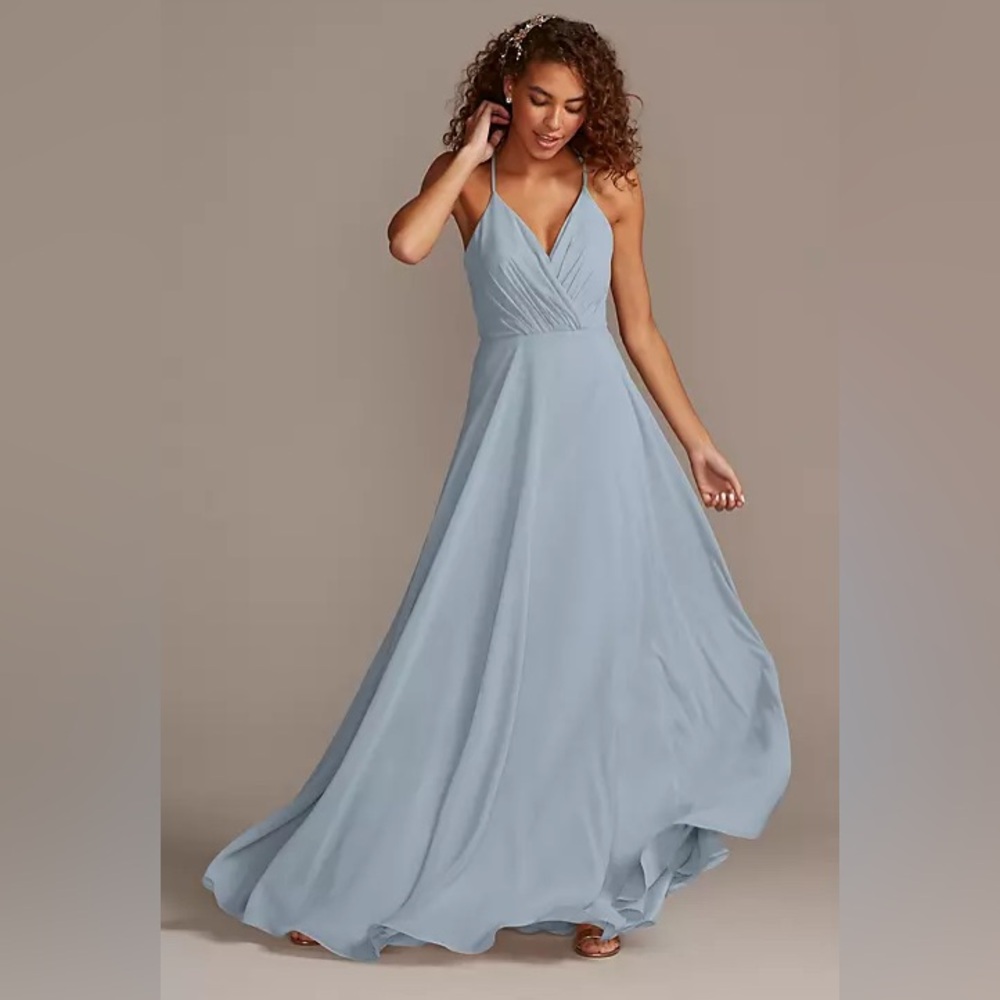 David’s Bridal Spaghetti Strap Full Skirt Bridesmaid Dress in Dusty Blue Size 6